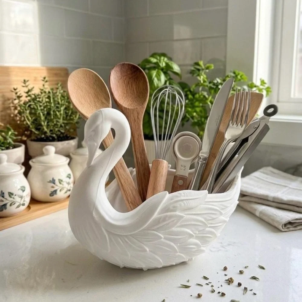 3D printed Swan Utensil Holder - Elegant Kitchen Counter Organizer